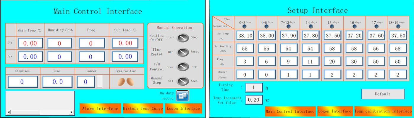 control interface setup interface of single stage incubator